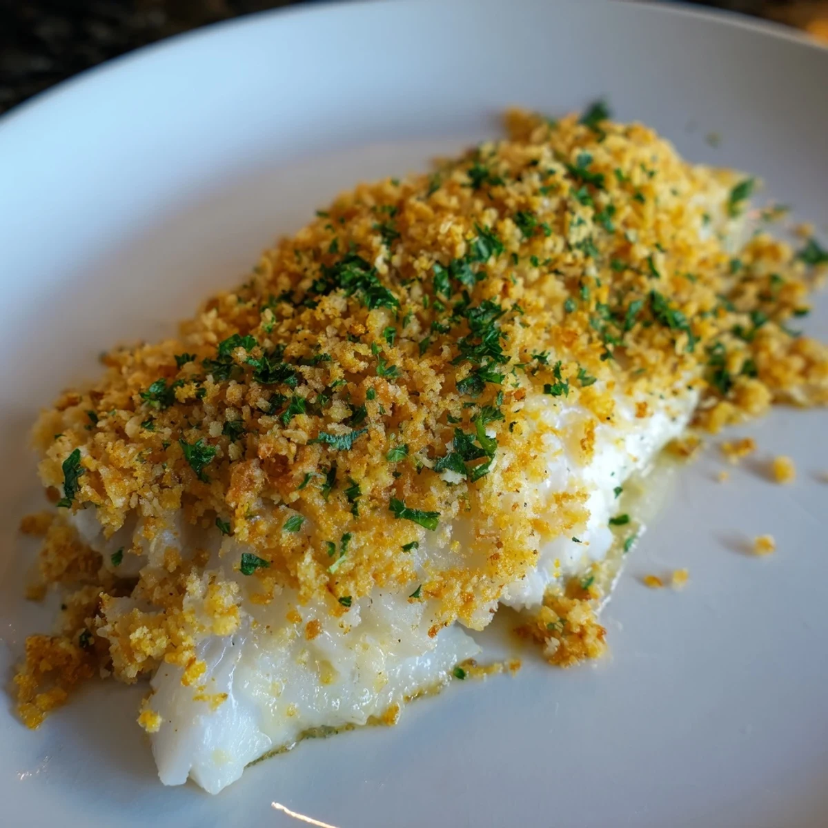 Golden-crusted Baked Cod with Crispy Ritz Cracker Topping, ready to serve with lemon wedges.
