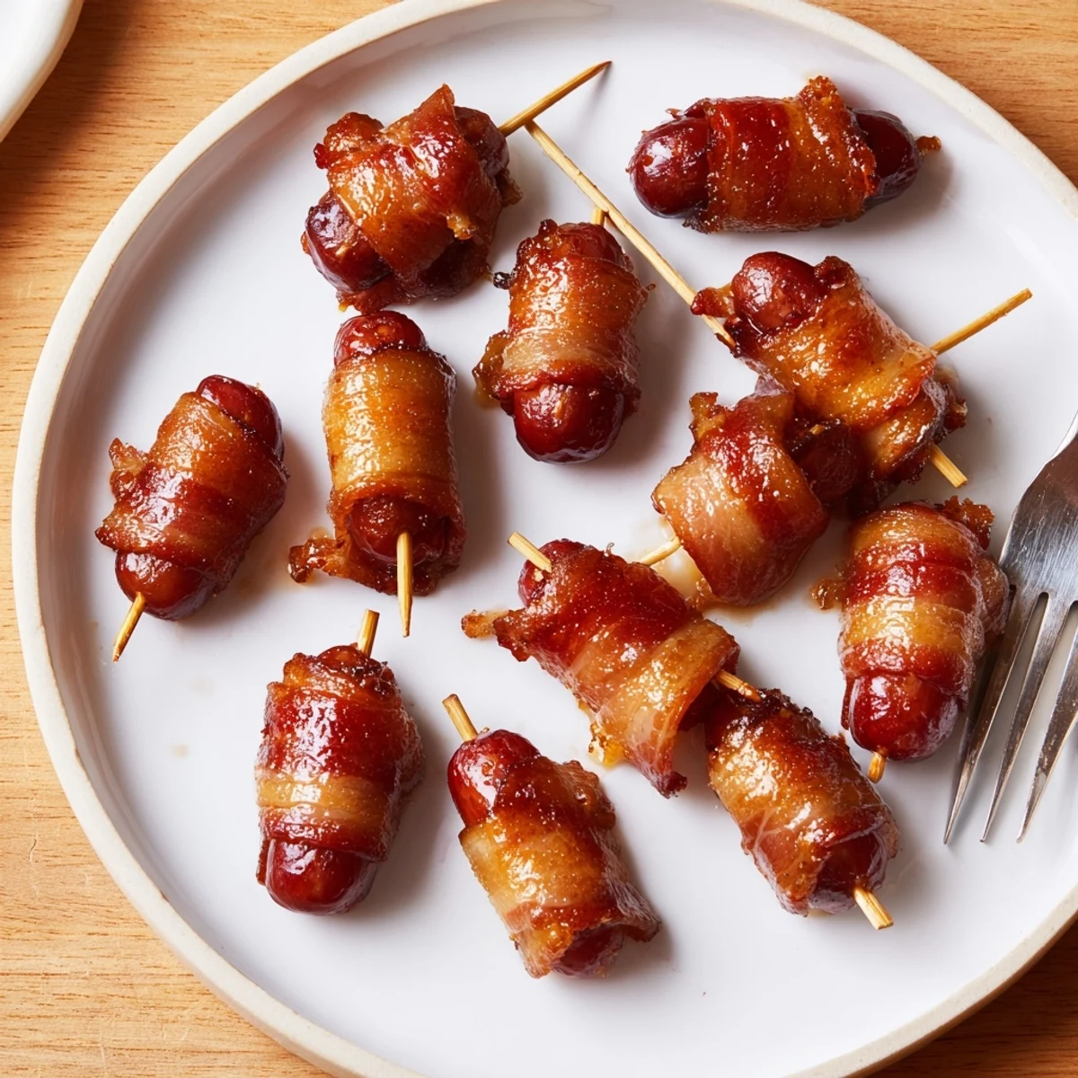Crispy bacon and sweet, bubbly brown sugar coat each 3-ingredient bacon-wrapped smokie, a tasty treat.
