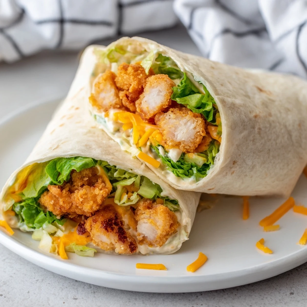 A close-up of a flavorful Crispy Chicken Ranch Snack Wrap, ready to eat, bursting with fresh ingredients.