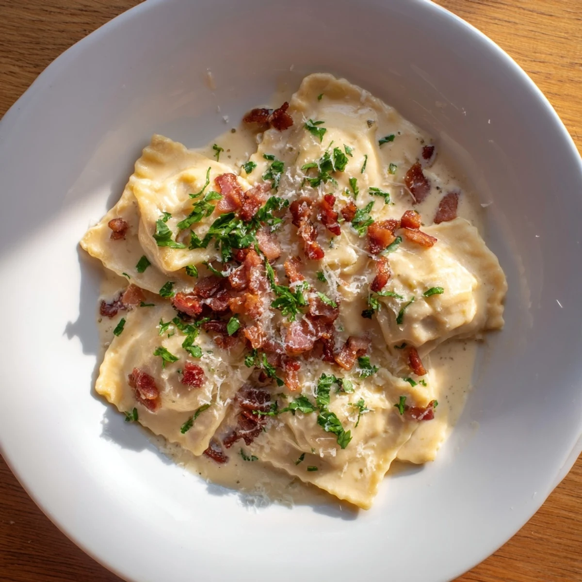 Golden Olive Garden Ravioli Carbonara with crispy pancetta, a rich, creamy, and flavorful dish.