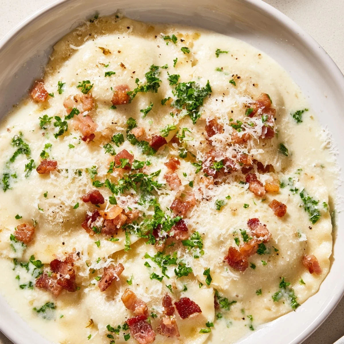 Close-up of Olive Garden Ravioli Carbonara: cheese ravioli coated in a luscious carbonara sauce for dinner.