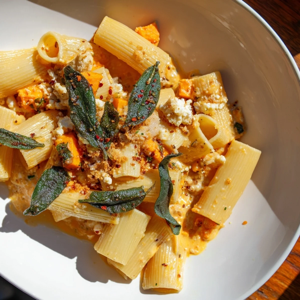 Golden roasted sweet potatoes and creamy goat cheese mingle in this flavorful pasta recipe.