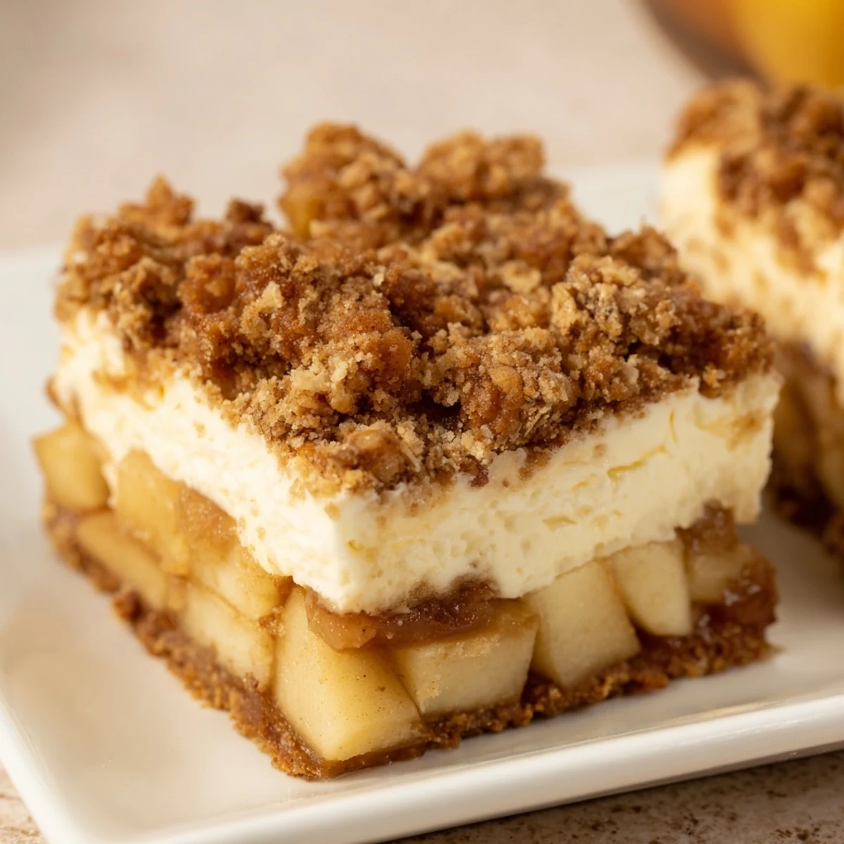 A close-up shot of Apple Crisp Cheesecake Bars showcasing layers of creamy cheesecake and crunchy topping.