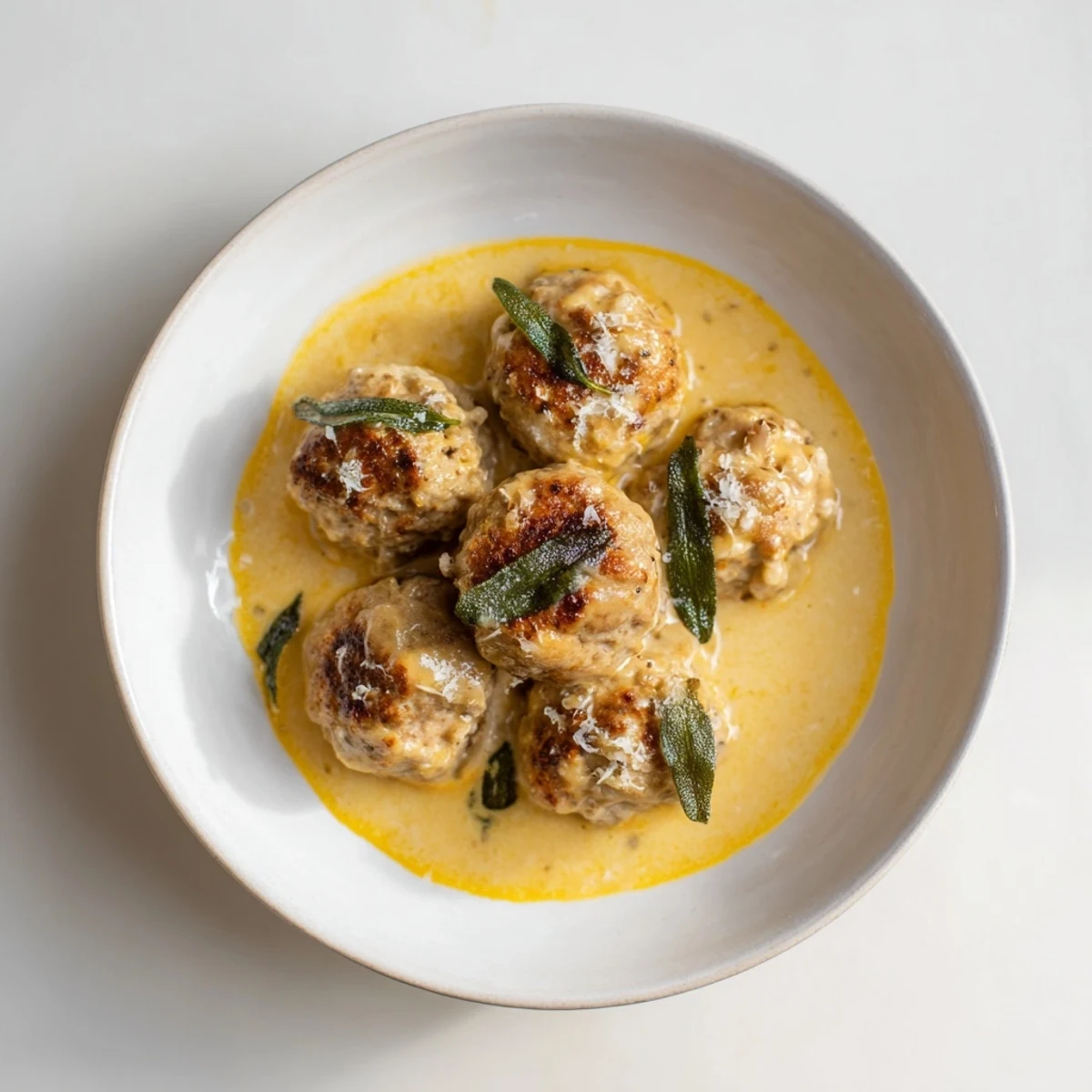 Golden-brown Easy Turkey Meatballs swimming in a creamy, fragrant pumpkin sage sauce, ready to serve.