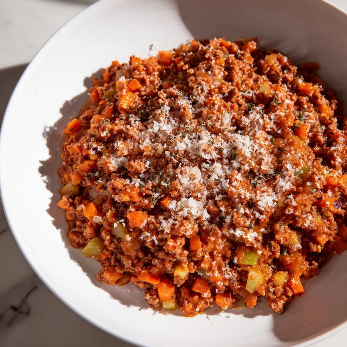 A close-up of a bubbling Tuscan Ragu, rich and hearty, ready to be served over polenta.