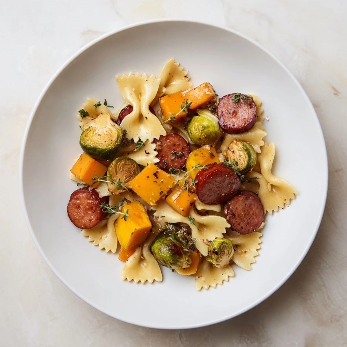 Golden-brown Autumn Sausage Pasta Squash with roasted vegetables and savory sausage slices.