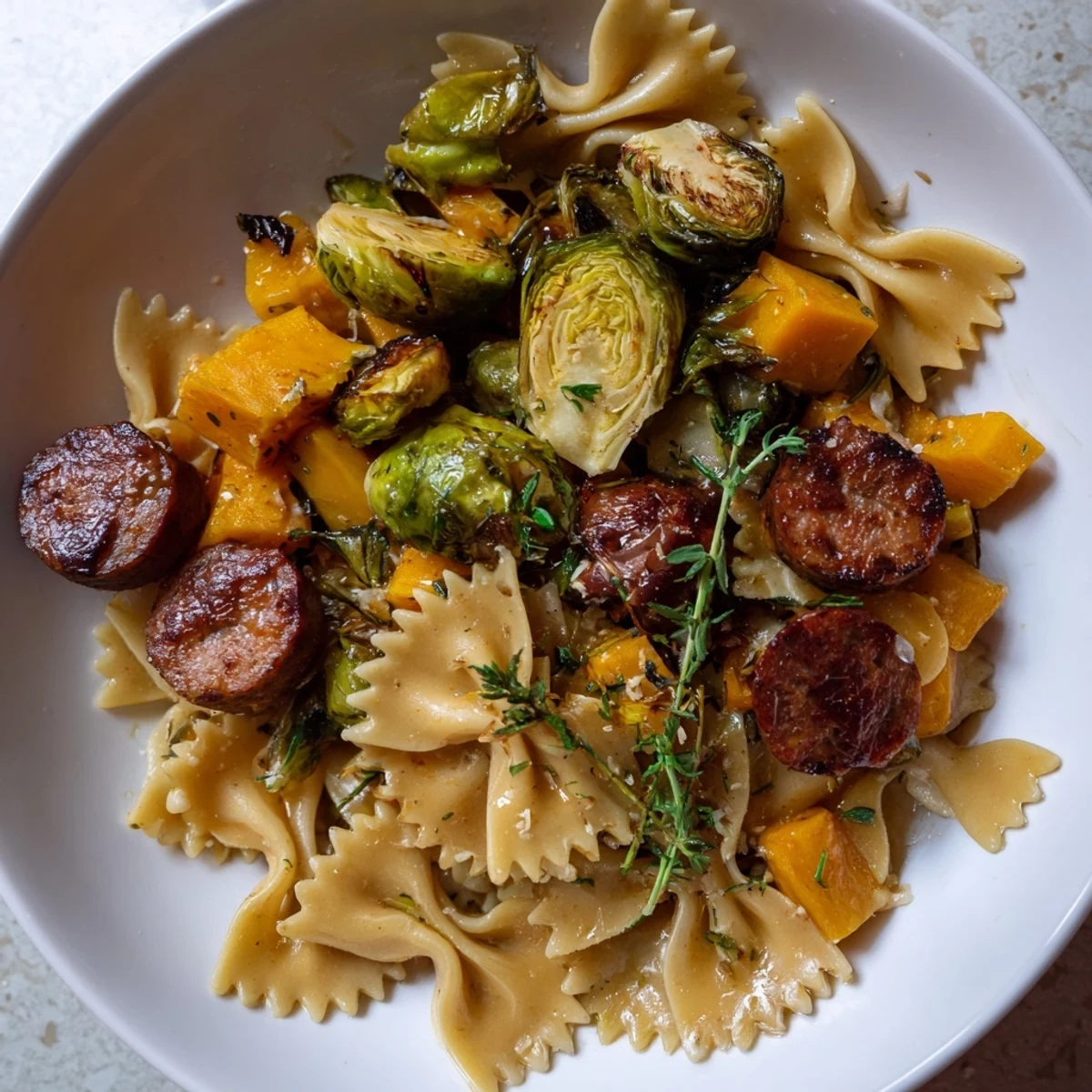Warm bowl of Autumn Sausage Pasta Squash showing off tender squash, Brussels sprouts, and pasta.