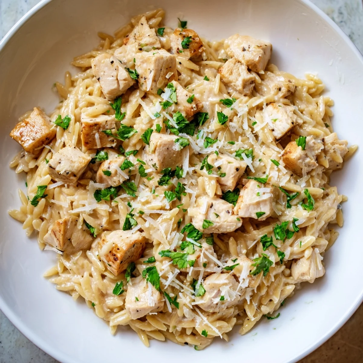 One-Pot Cajun Chicken Alfredo Orzo, a creamy, flavorful dish with tender chicken and al dente orzo pasta.