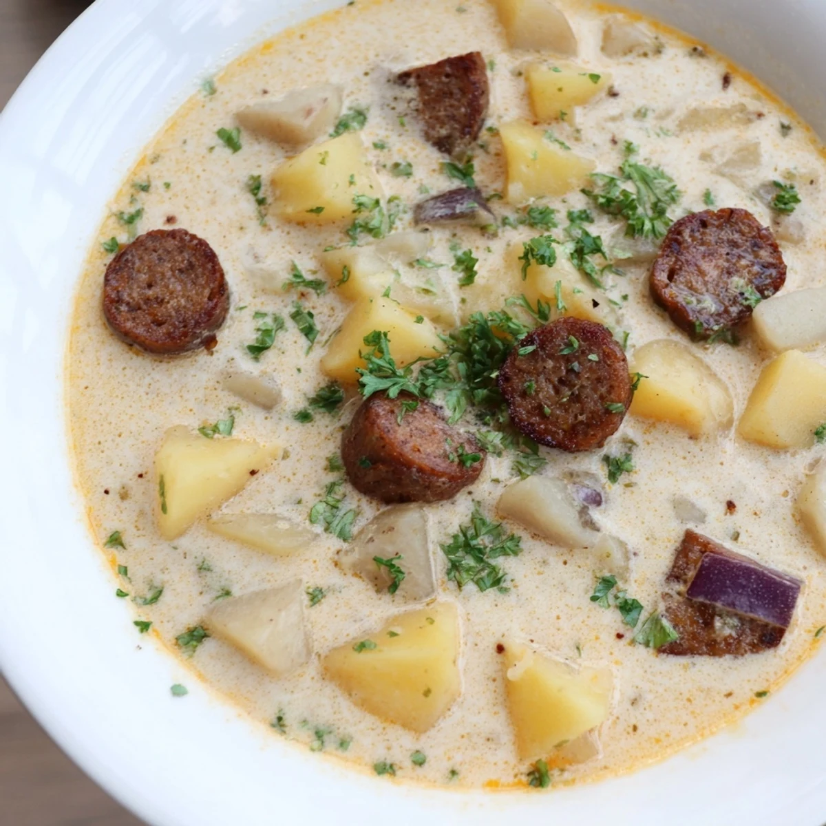 Homemade creamy chorizo potato soup garnished with fresh parsley, ready to warm you from the inside out.