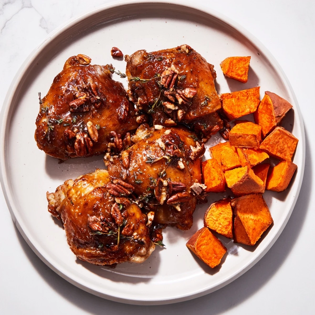 Golden-brown maple glazed chicken with sweet potatoes, glistening and aromatic, ready to enjoy for dinner.
