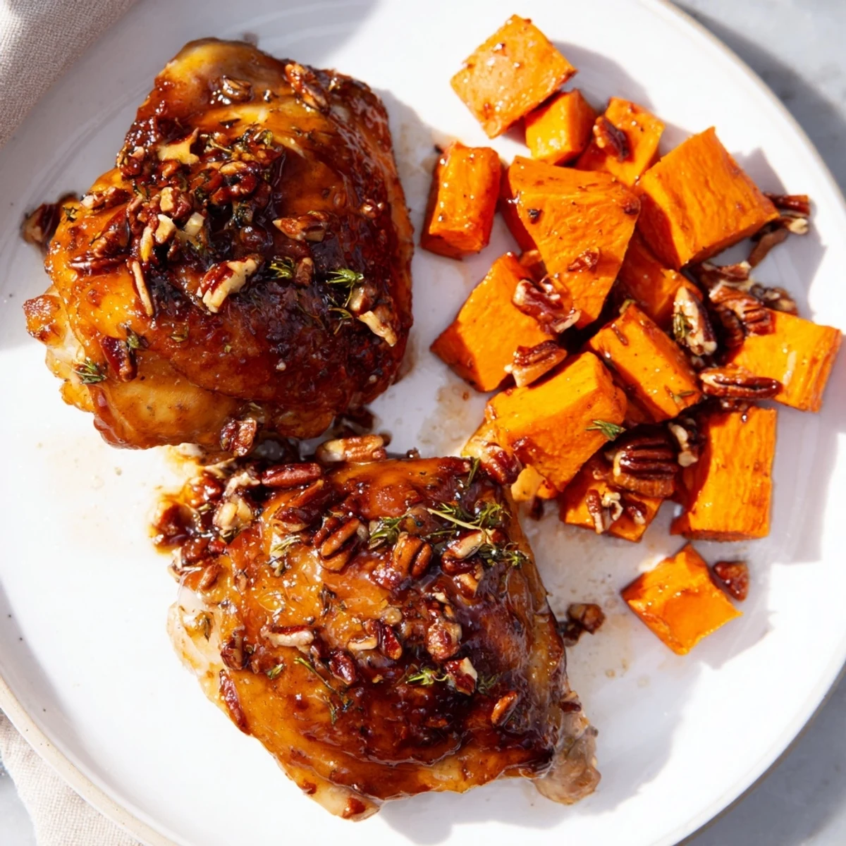 Tender, juicy maple glazed chicken beside sweet potatoes, offering a delicious American-style gluten-free main course.