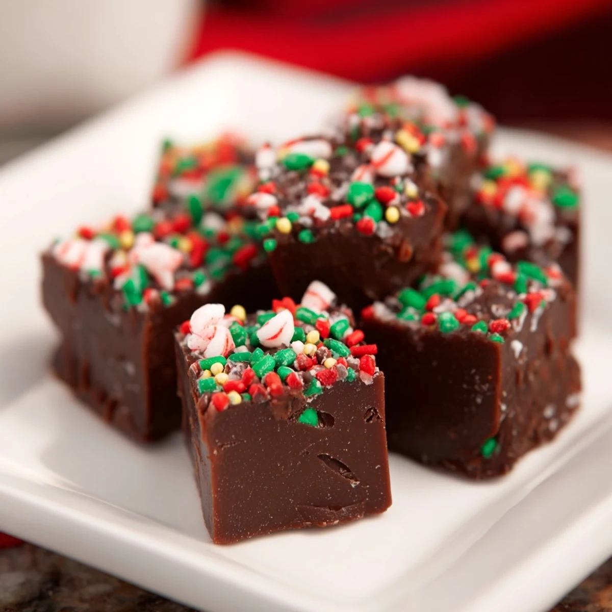 A close-up of festive 3-ingredient Christmas fudge squares, coated in colorful sprinkles and easy to slice.
