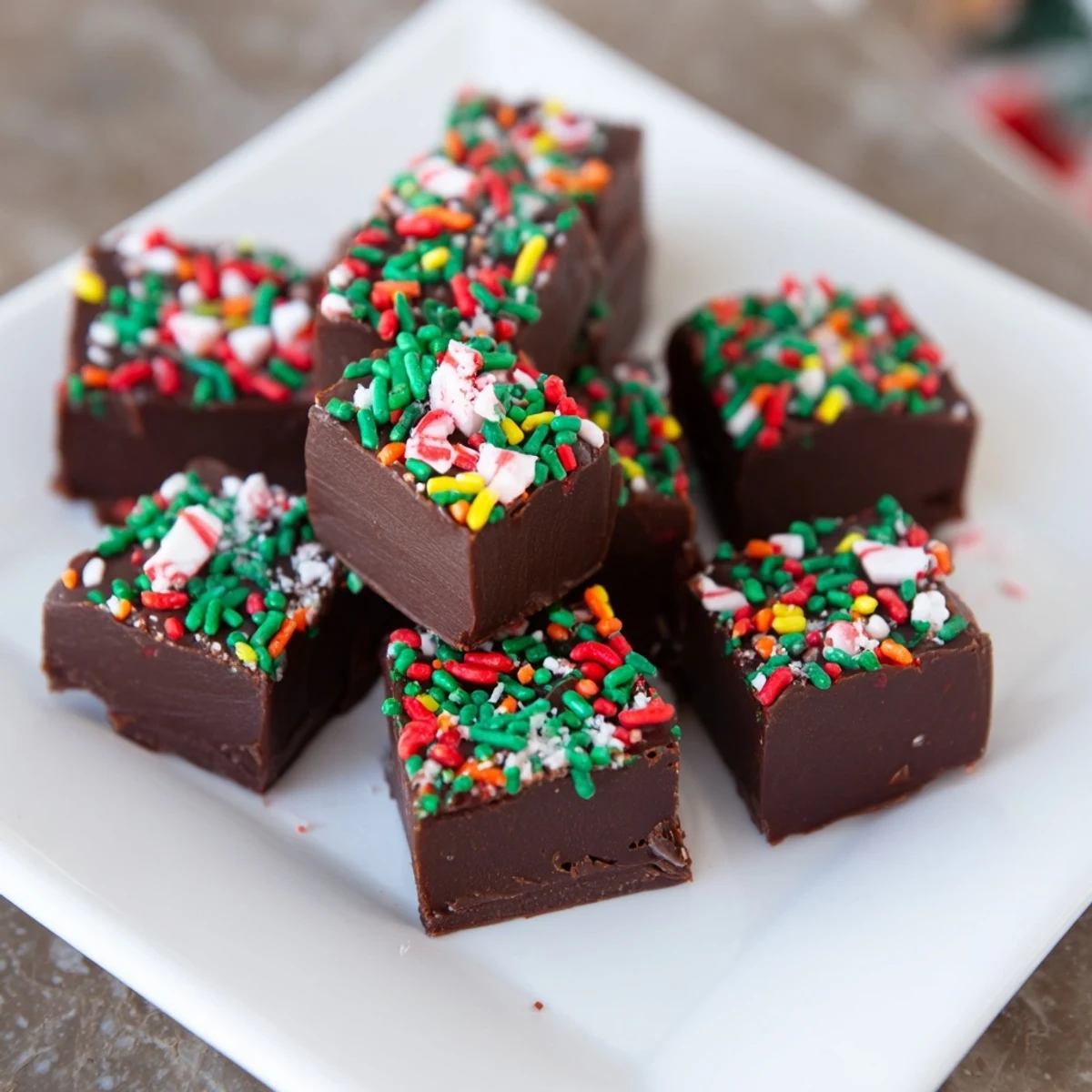 Perfectly chilled 3-Ingredient Christmas fudge, showing a smooth, creamy texture and peppermint candy topping.