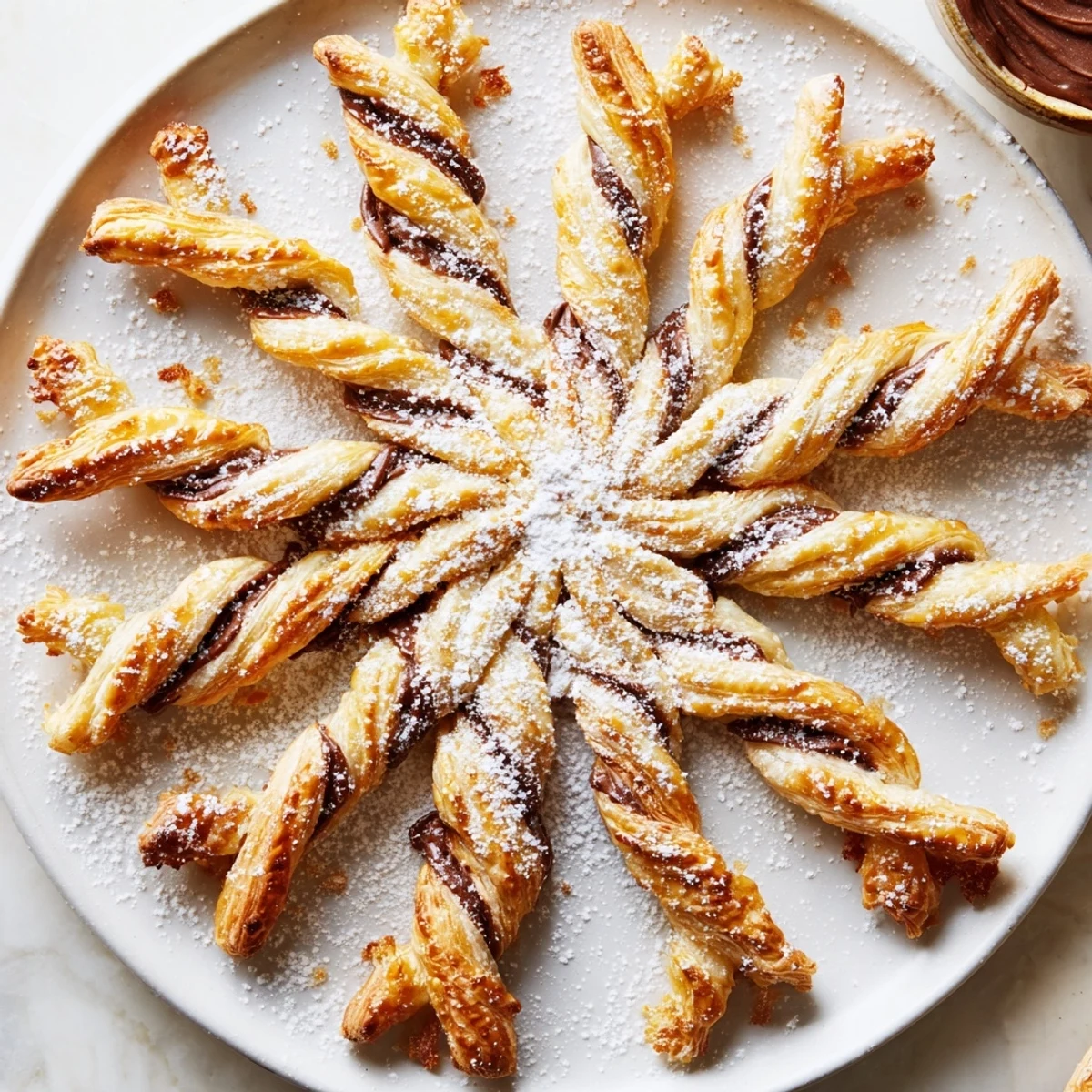 Golden, flaky Express Nutella Puff Pastry Snowflakes, dusted with powdered sugar, ready to be enjoyed as dessert.