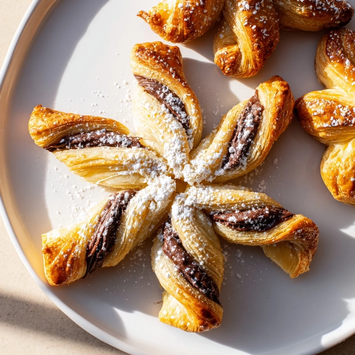 Homemade Express Nutella Puff Pastry Snowflakes, golden from the oven, offering a delightful chocolate hazelnut flavor.
