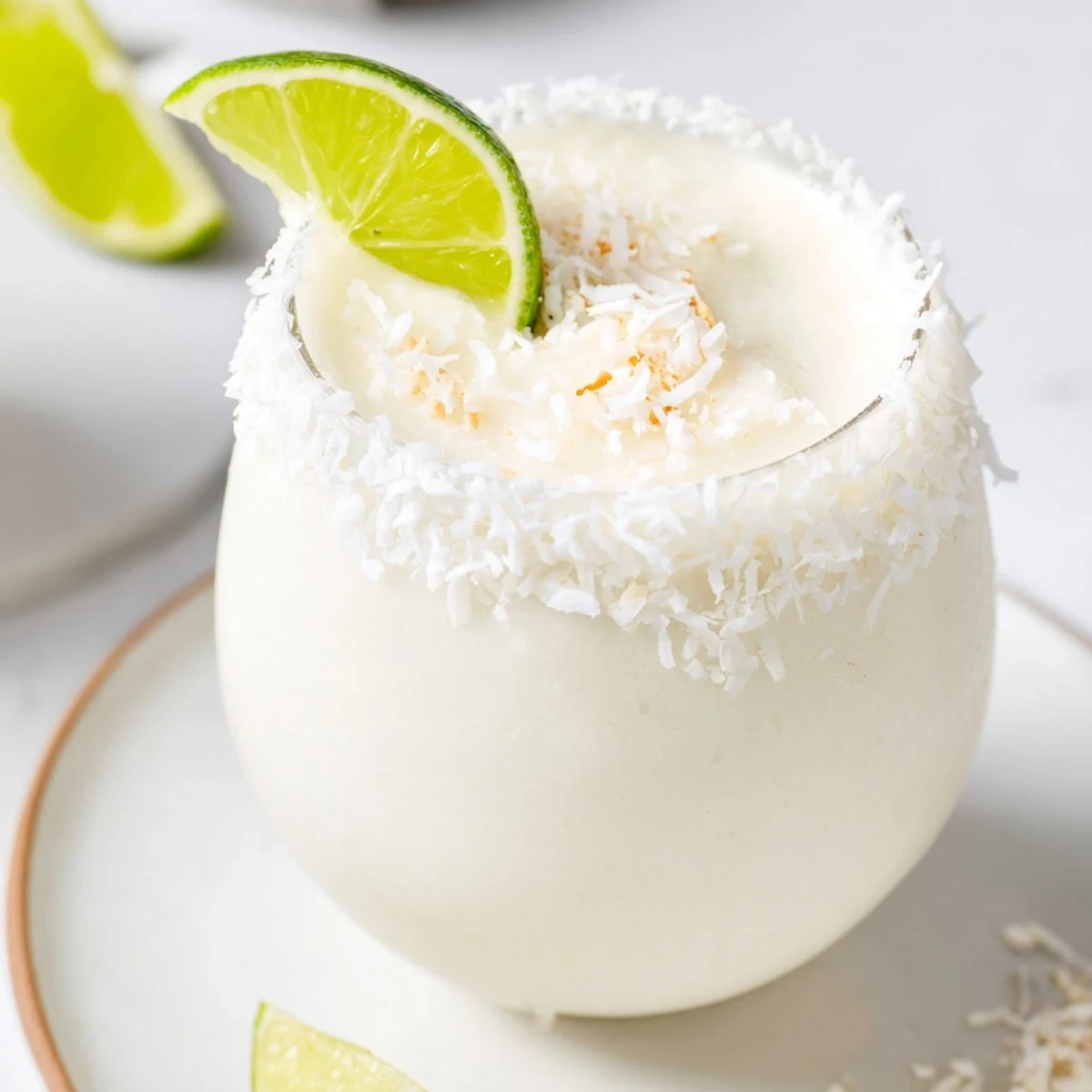 Creamy White Christmas Margarita Slush, a frosty blend of coconut, lime, and tequila.