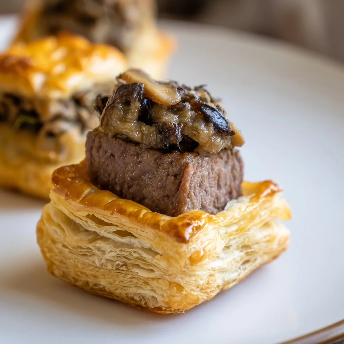Golden, flaky Simplified Christmas Beef Wellington Bites, showcasing tender beef and savory mushroom filling.