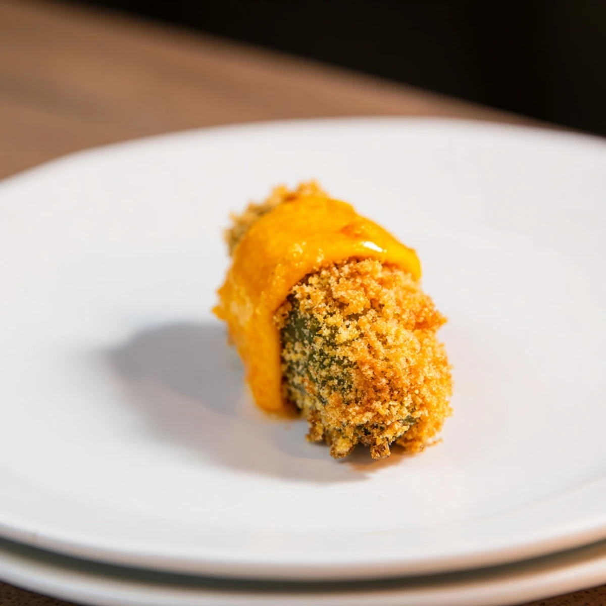 Golden-brown Crispy Cheese-Wrapped Pickle Ornaments, served with a creamy dipping sauce on a platter.