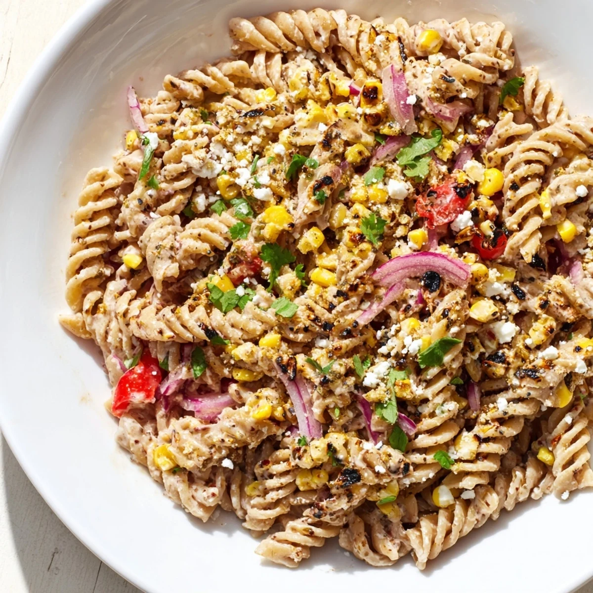 Close-up of Healthier Mexican Street Corn Pasta Salad, a delightful vegetarian pasta dish filled with fresh flavors.