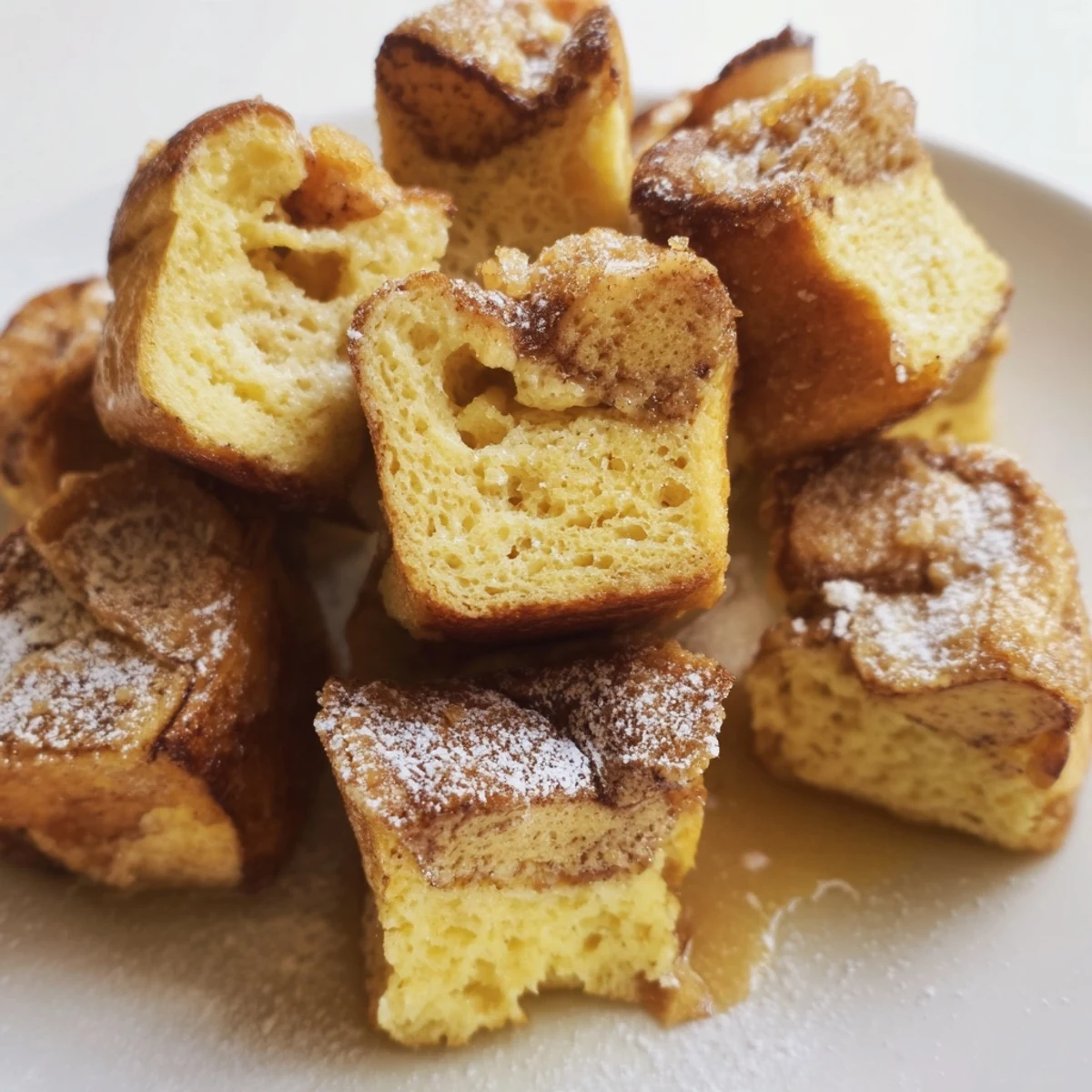 Deliciously sweet Mini French Toast Casserole Bites with a cinnamon-sugar topping, ready to serve warm.