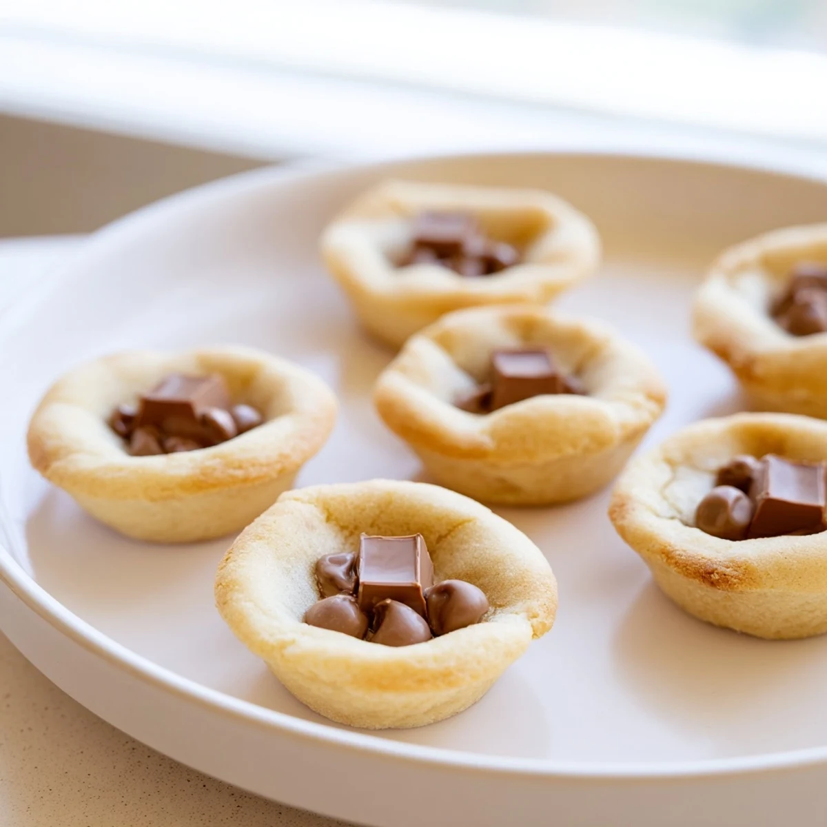 Warm, golden air fryer gooey cookie cups oozing melted chocolate, a delightful dessert.