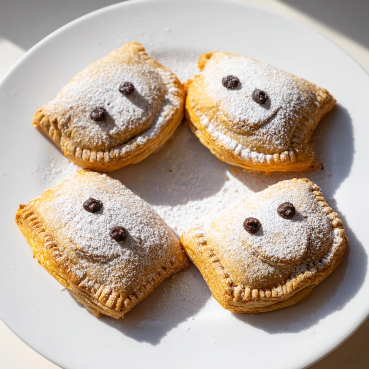 A plate of freshly baked Sleeping Gingerbread Puff Pastry Pockets dusted with powdered sugar, ready for dessert.