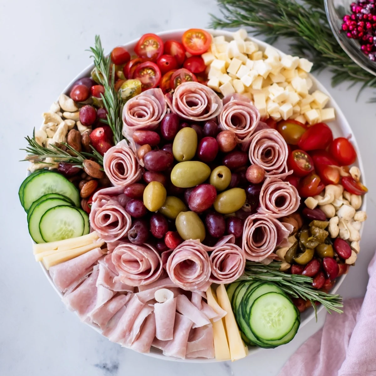 Festive Quick Christmas Charcuterie Wreath Board overflowing with brie, salami, grapes, and rosemary for easy holiday entertaining.