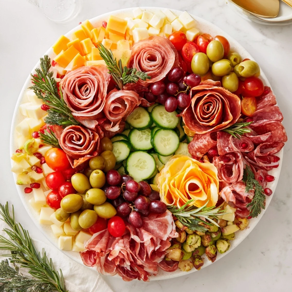 A delicious Quick Christmas Charcuterie Wreath Board featuring colorful cheeses, meats, and fresh fruits and vegetables.