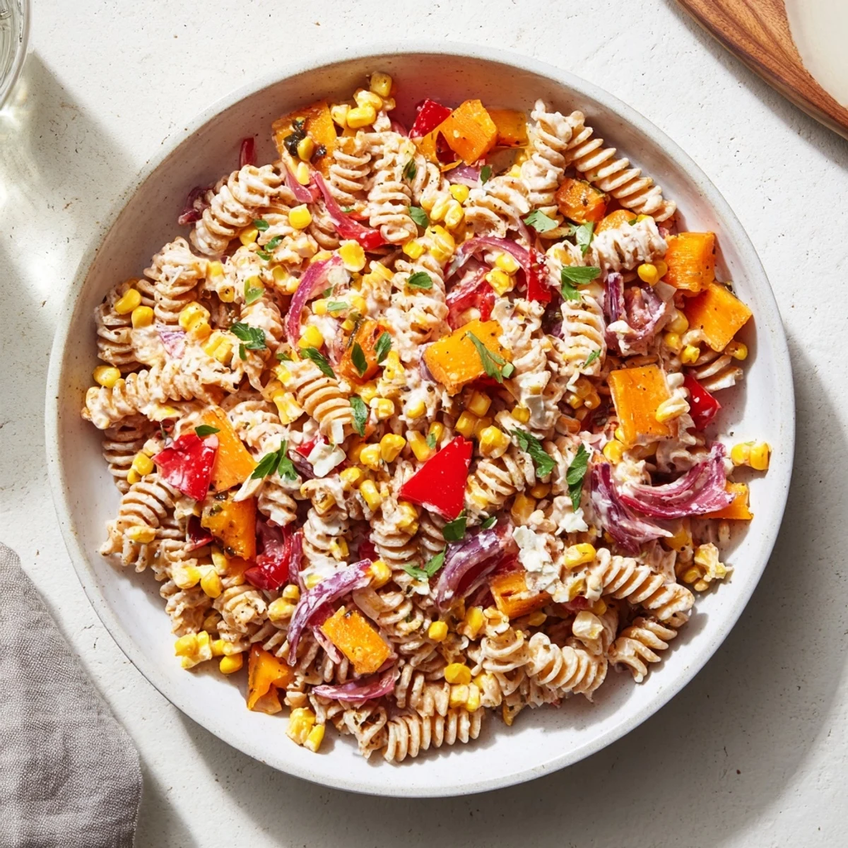 Tangy and fresh Healthier Mexican Street Corn Pasta Salad, perfectly tossed and ready to serve cold.