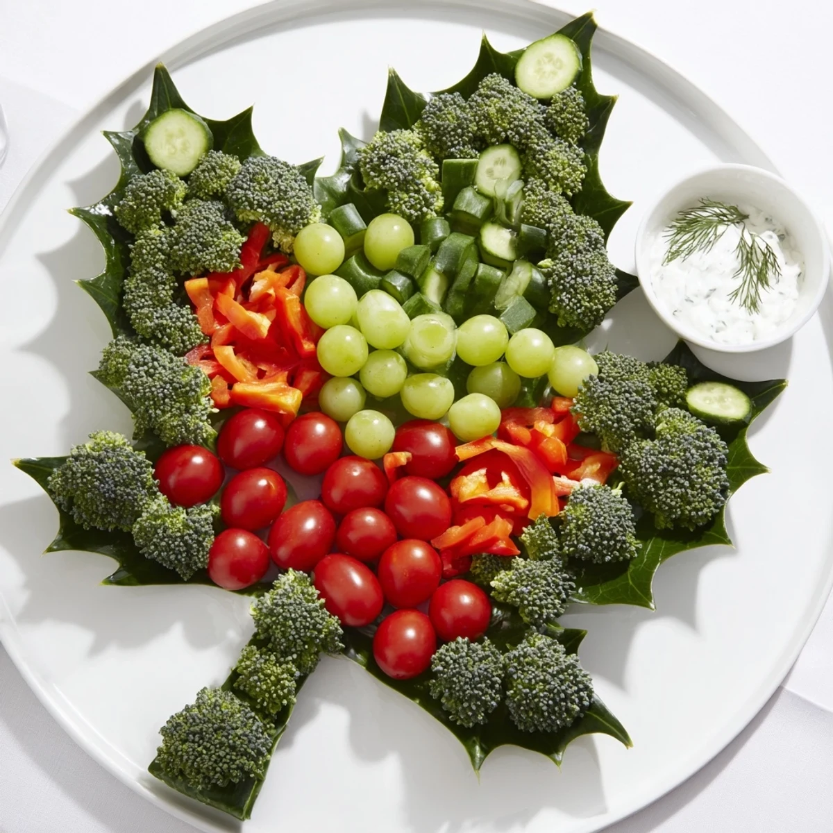 A beautiful Holly Leaf Veggie Board with crunchy broccoli, bell peppers, and a creamy, delicious yogurt dip.