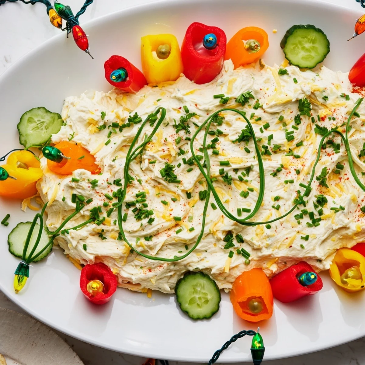 Delicious Christmas Lights Appetizer: a vibrant platter of cheese, veggies, and olives perfect for holiday entertaining.