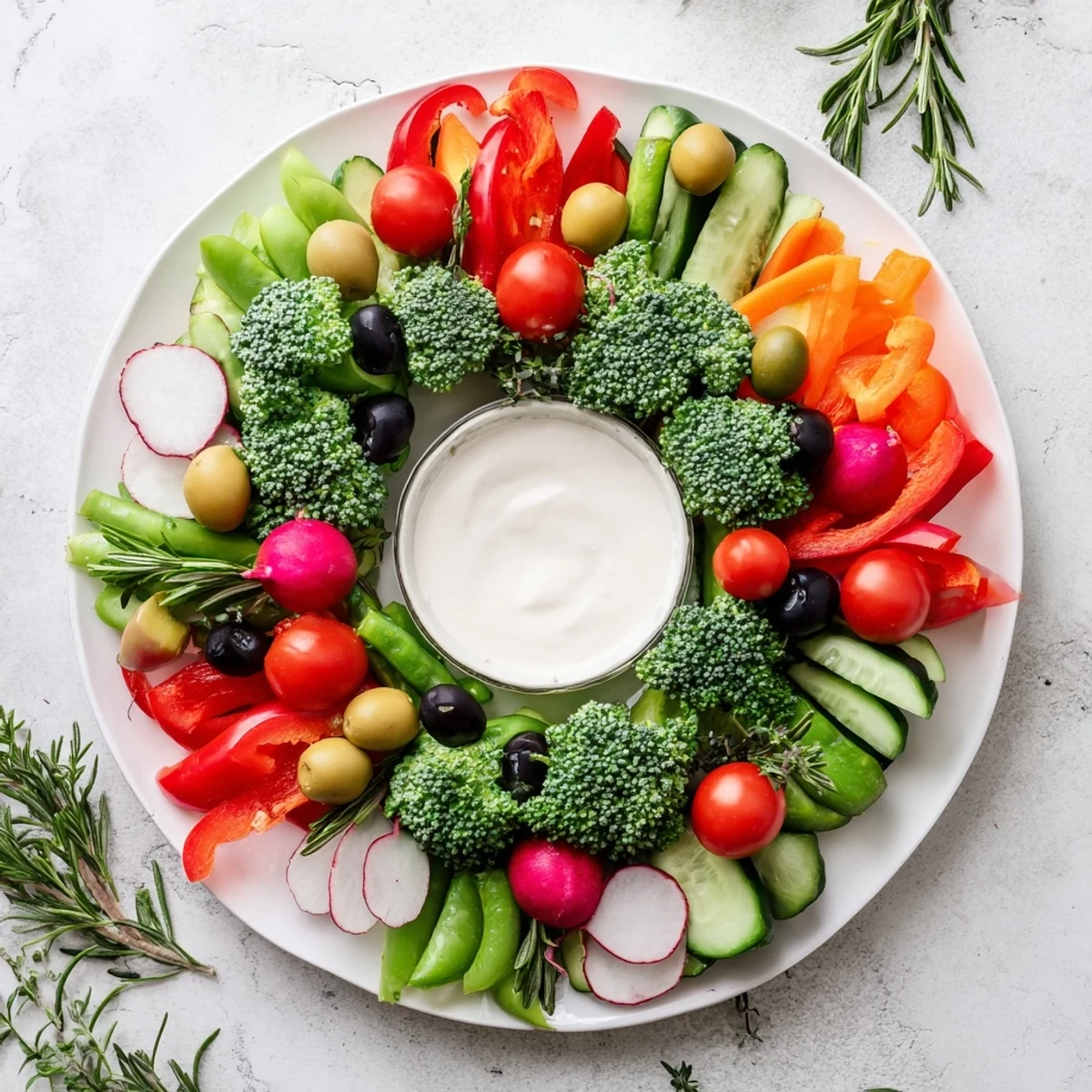 Eye-catching Wreath Veggie Dip Platter featuring vibrant veggies encircling creamy, flavorful ranch dip.
