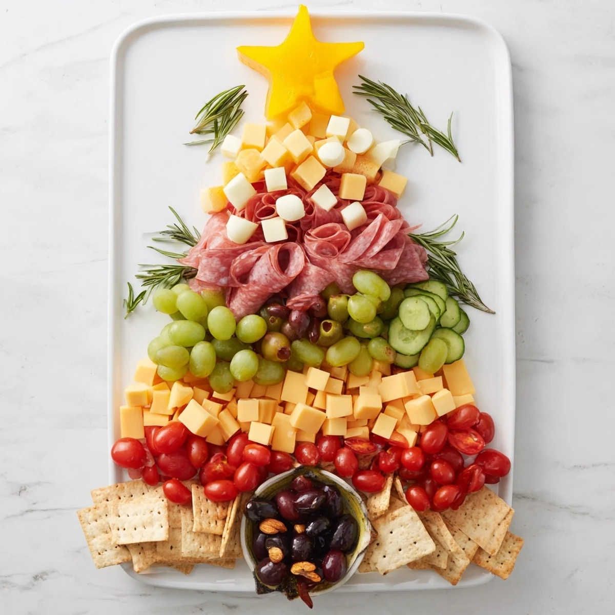 Christmas Tree Snack Board: A vibrant holiday appetizer, overflowing with cheeses and delicious meats.