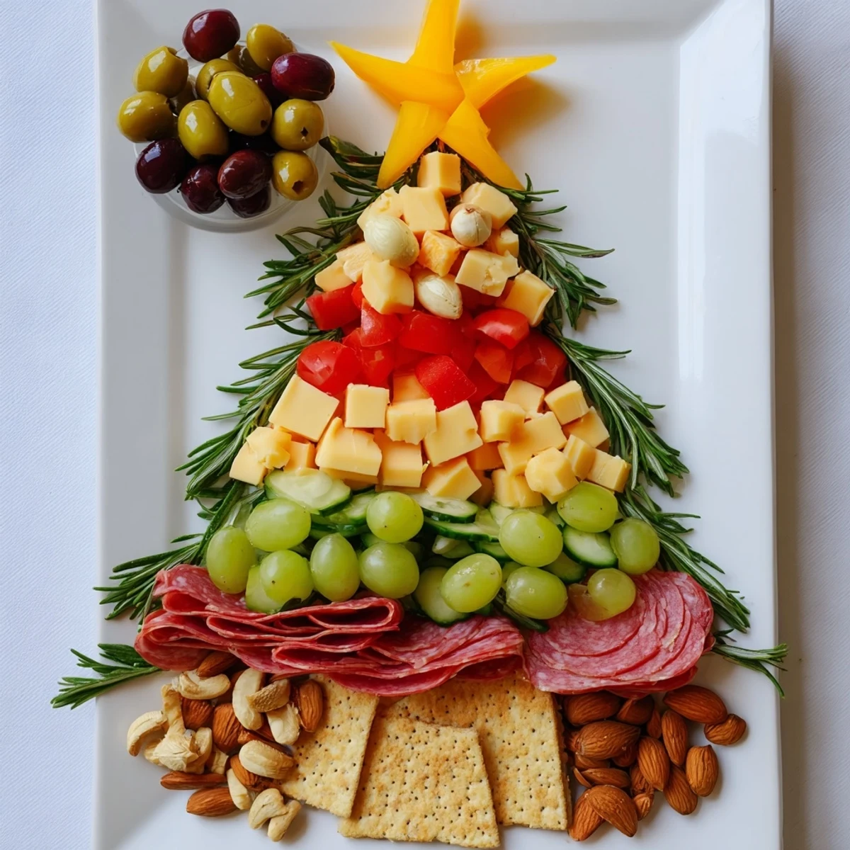 Arranging a delicious Christmas Tree Snack Board: cheeses, crackers, and olives on a holiday platter.