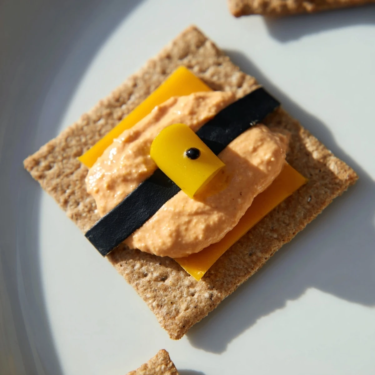 Festive Santas Belt Crackers & Dip with creamy red pepper dip ready to be shared with guests.