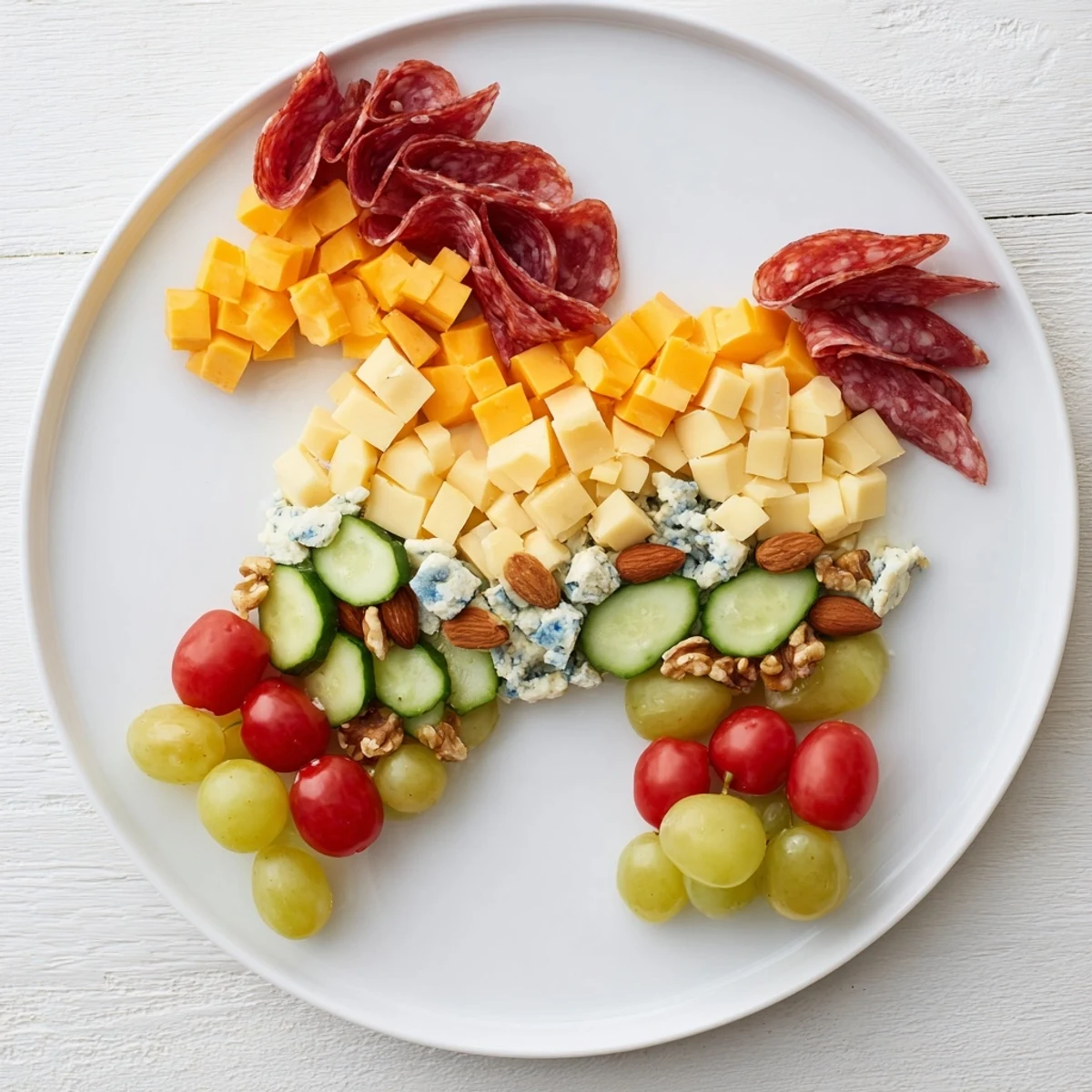 This vibrant horse-shaped grazing board recipe features savory meats, juicy grapes, and an assortment of tasty bites.