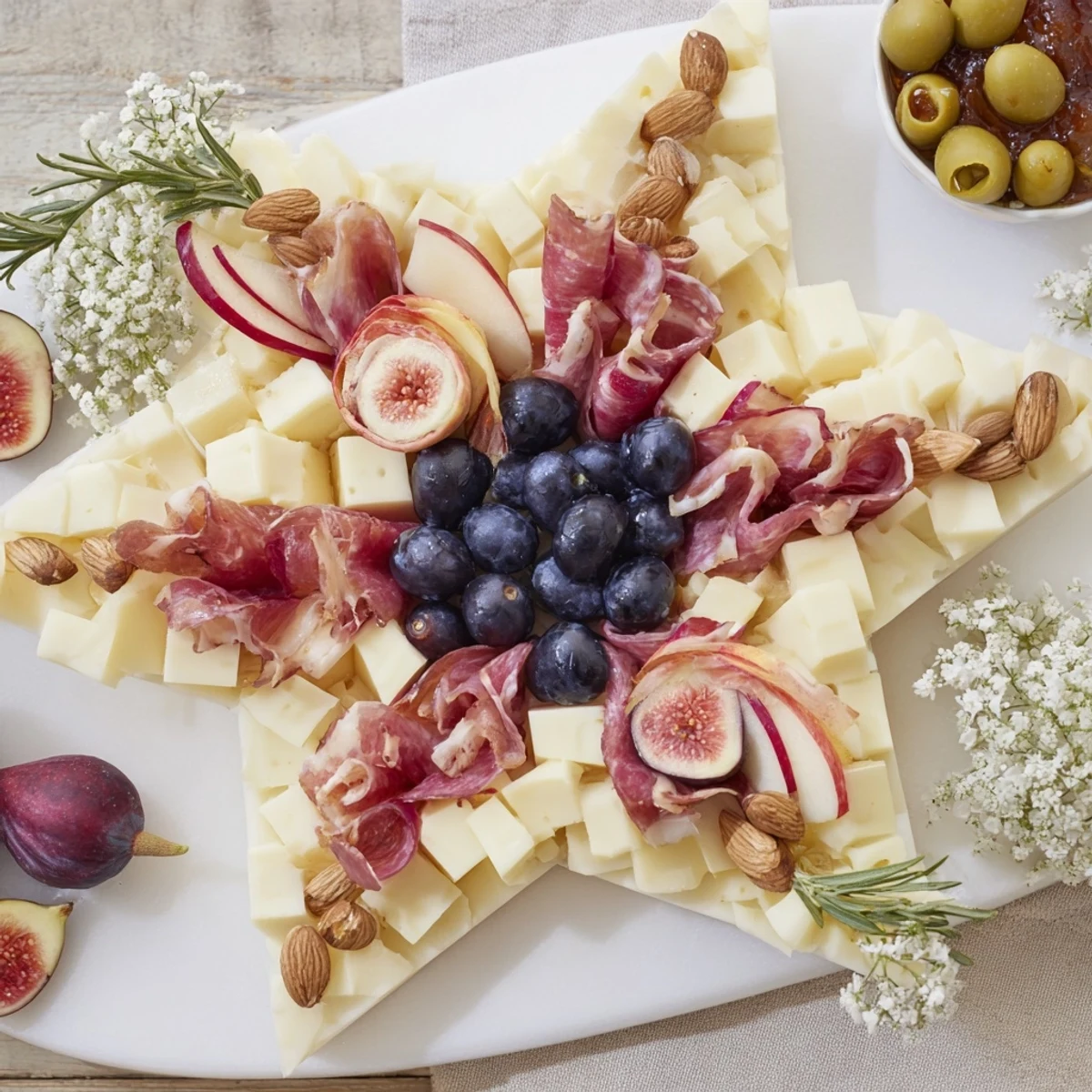 Delectable star-shaped appetizer board overflowing with cheeses, meats, fruits, and nuts, perfect for holiday gatherings.