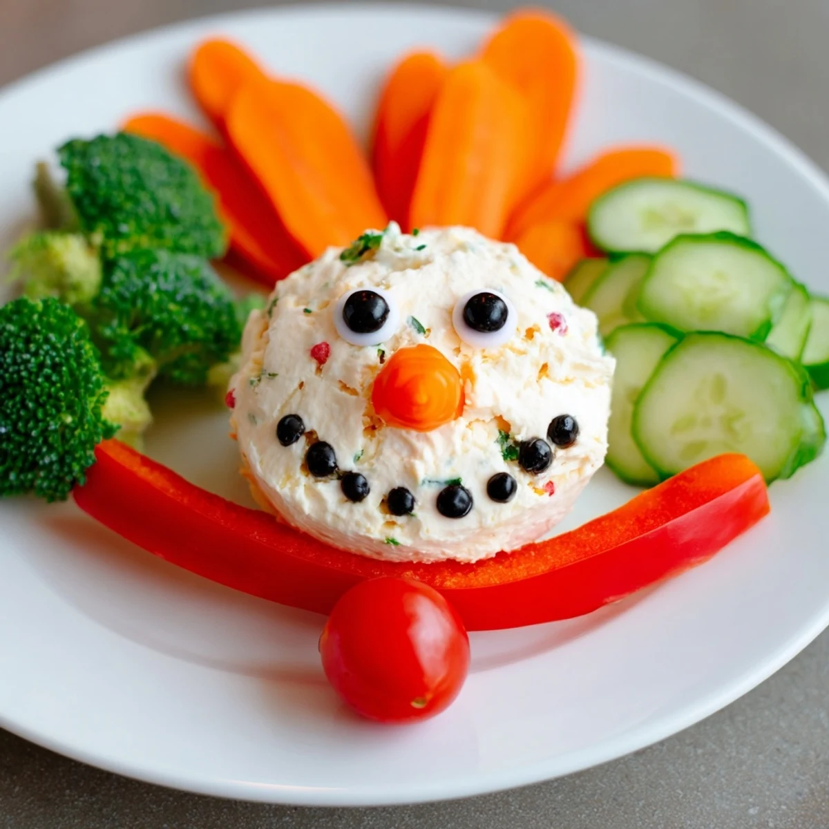 Bright platter with a Snowman Veggie Dip, carrots, olives, and red pepper for a fun appetizer.