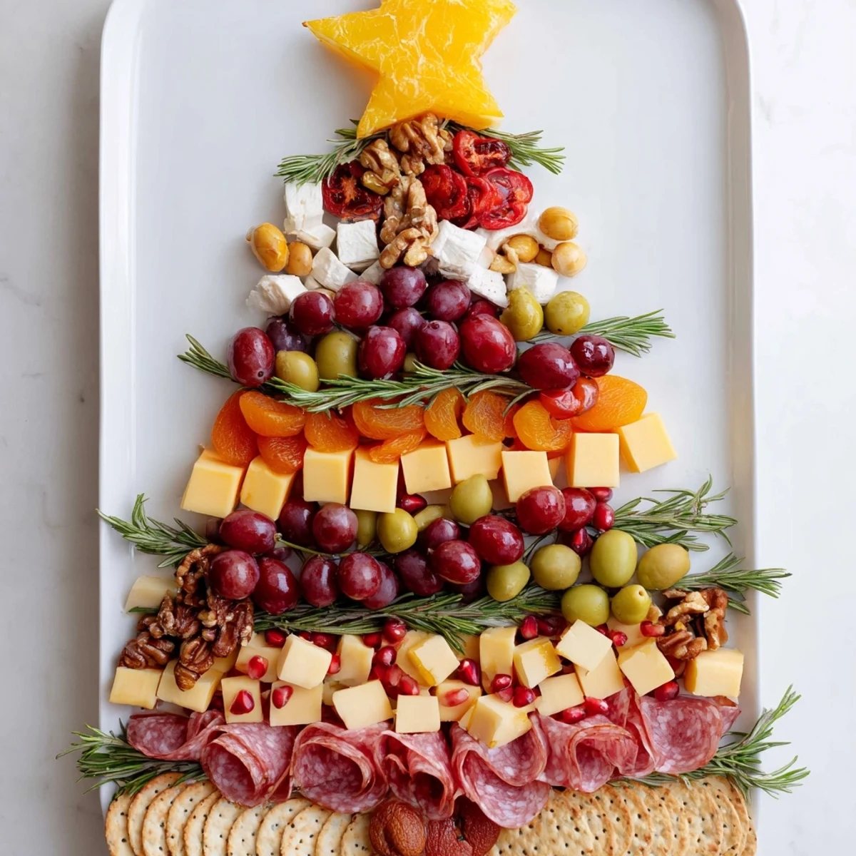 This Christmas Tree Charcuterie Dream features vibrant red grapes and flavorful cheeses arranged beautifully on a board.