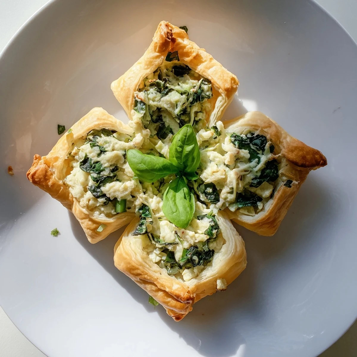 Freshly baked Lucky Clover St. Patrick's Day Bites, showcasing golden pastry with four fresh basil clovers.