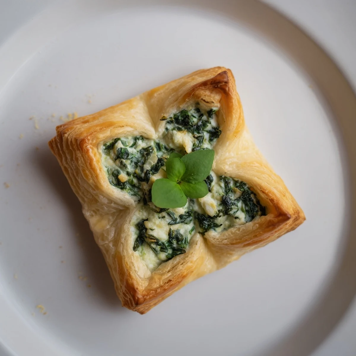 Golden, flaky Lucky Clover St. Patrick's Day Bites, filled with creamy spinach and cheese, ready to eat.
