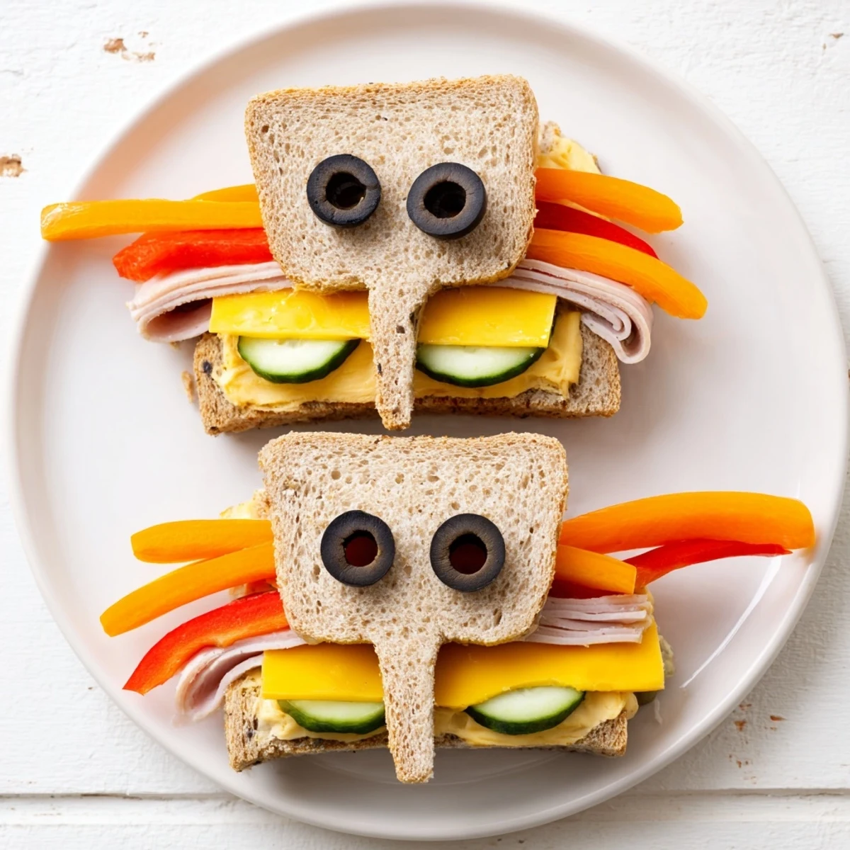 Freshly made Big Top Elephant Sandwiches arranged with colorful veggies and olives for eyes.