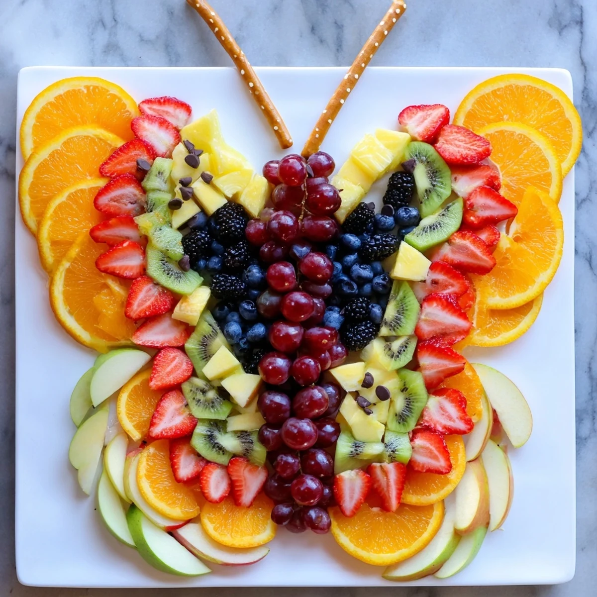Freshly assembled Monarch Magic Fruit Butterfly Tray, a healthy snack with vibrant orange and red fruits.