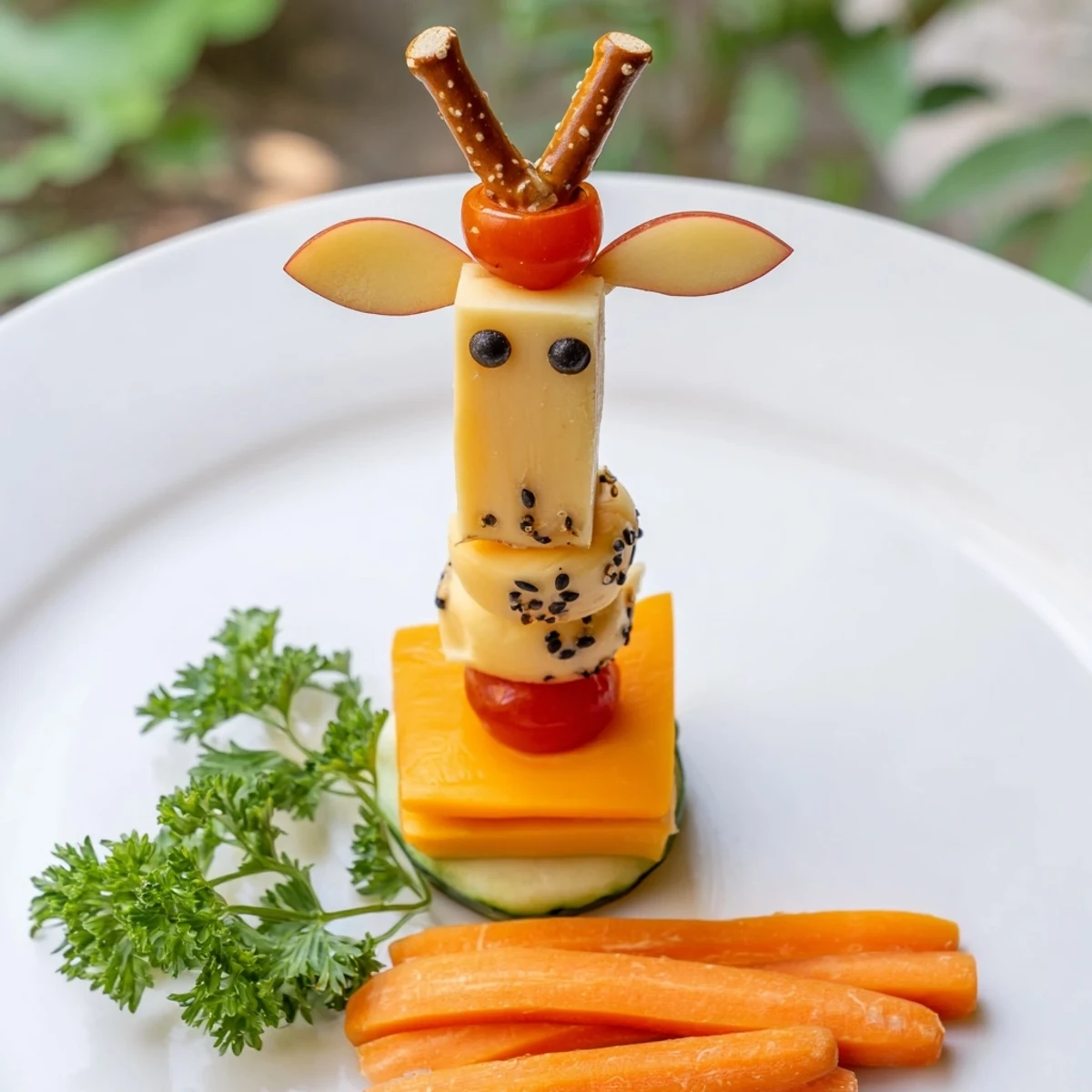 Delightful "Long-Necked Giraffe Snack Towers," featuring colorful veggies, cheese, and pretzel necks, ready to eat!