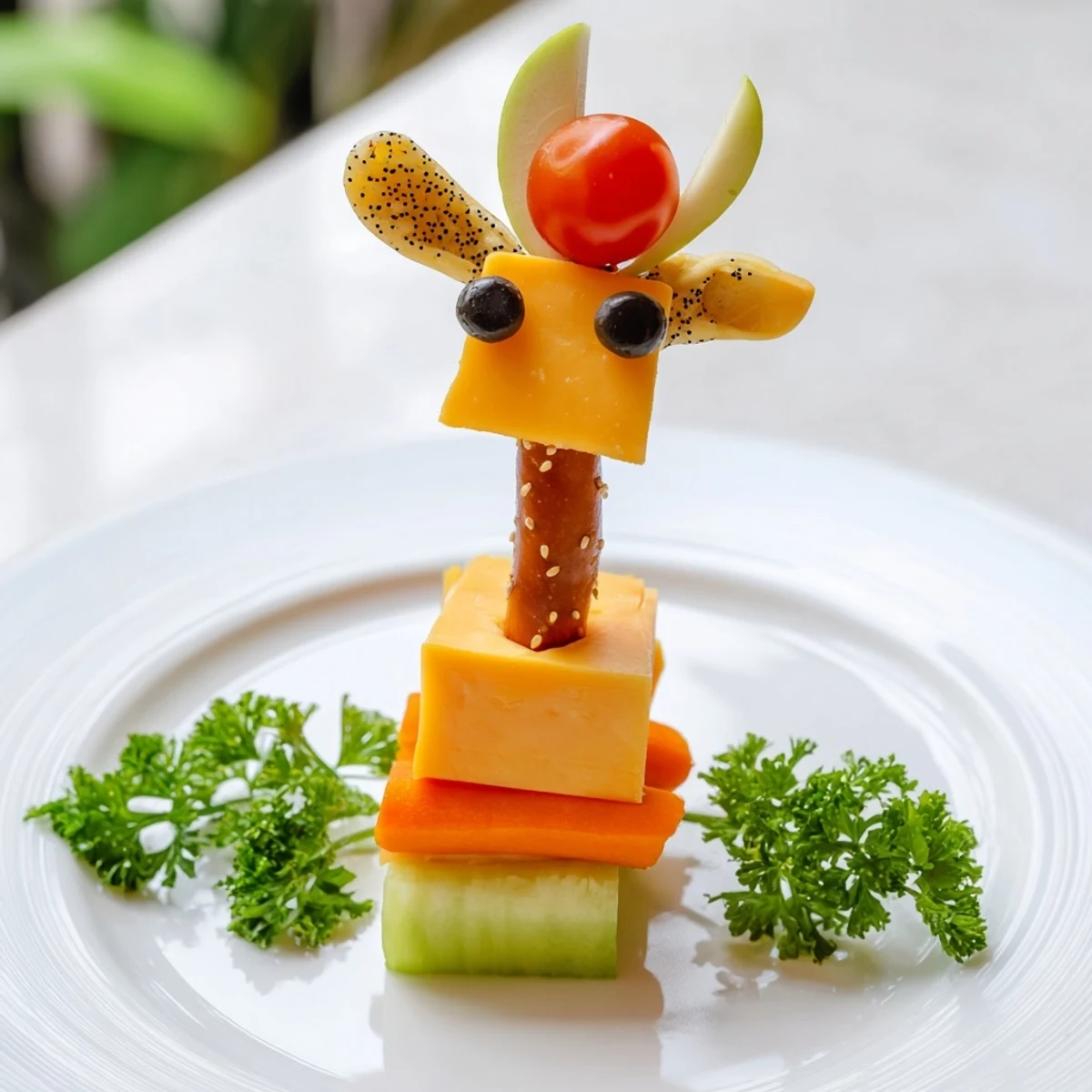 A fun-filled close-up of "Long-Necked Giraffe Snack Towers," showcasing the adorable pretzel necks and olive eyes.