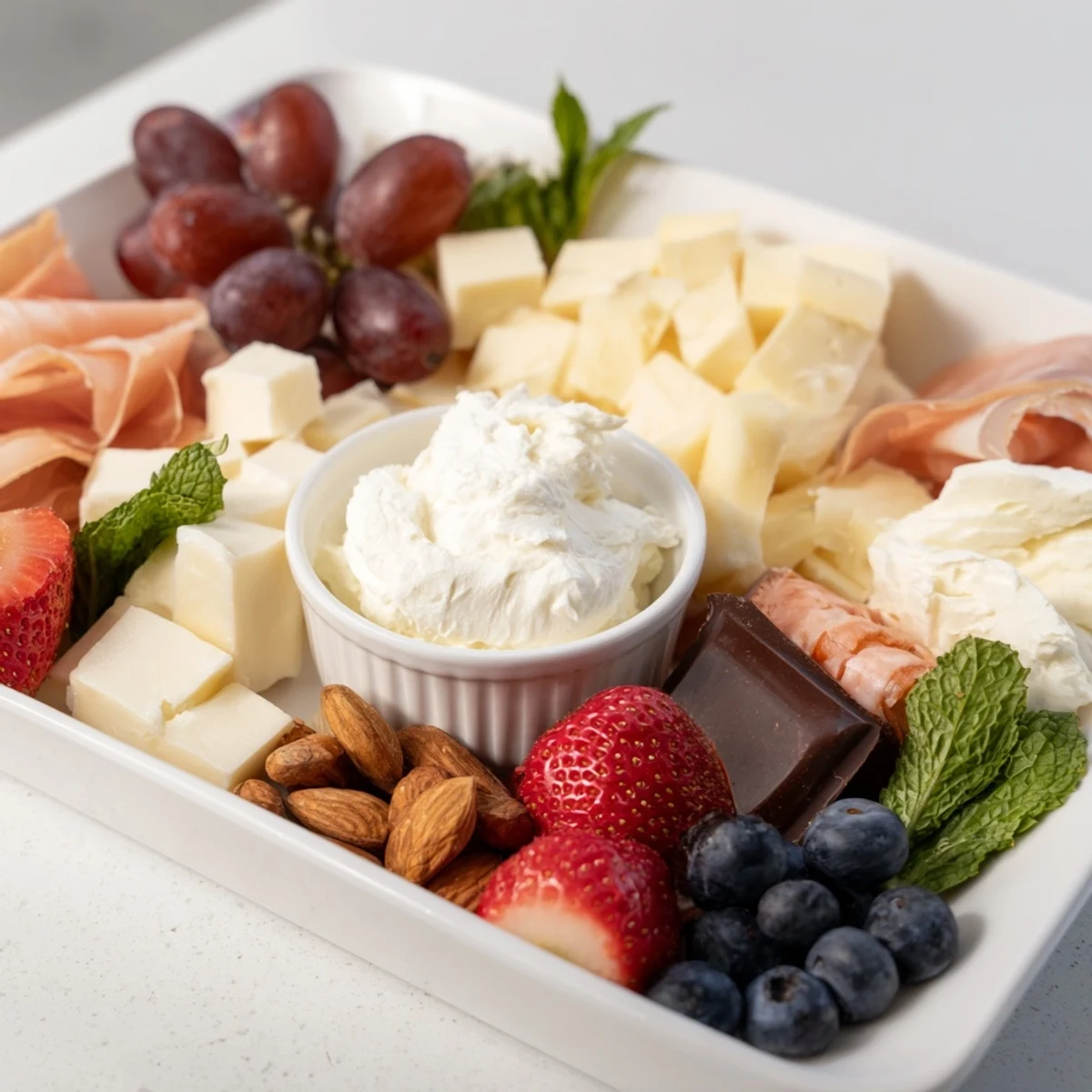 Gift Box Brunch Board Delight, featuring croissants, cheese, and vibrant fruit arranged for sharing.