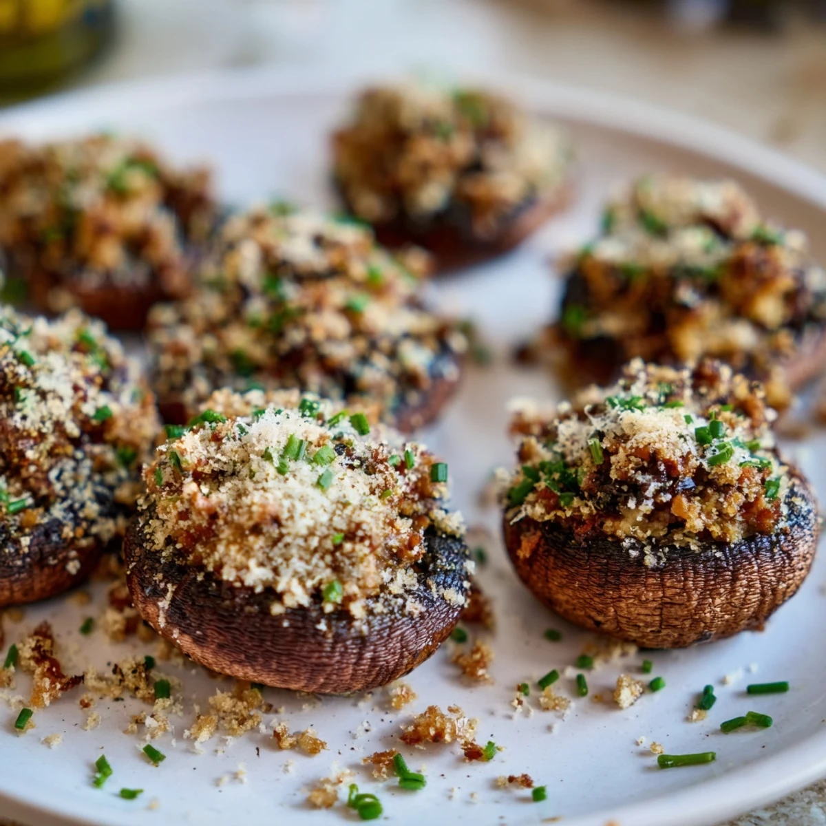 Close-up of baked Enchanted Forest Mushroom Nibbles, garnished with fresh chives, a flavorful vegetarian appetizer.