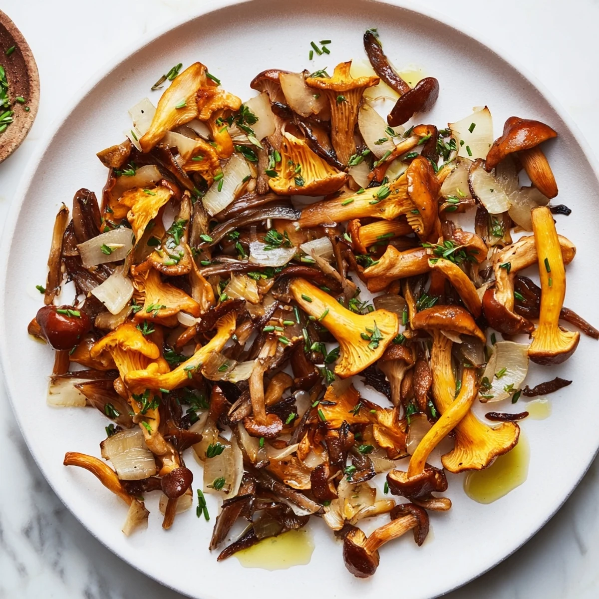 Sizzling Enchanted Forest Mushrooms with golden edges, herbs, and a hint of white wine aroma.