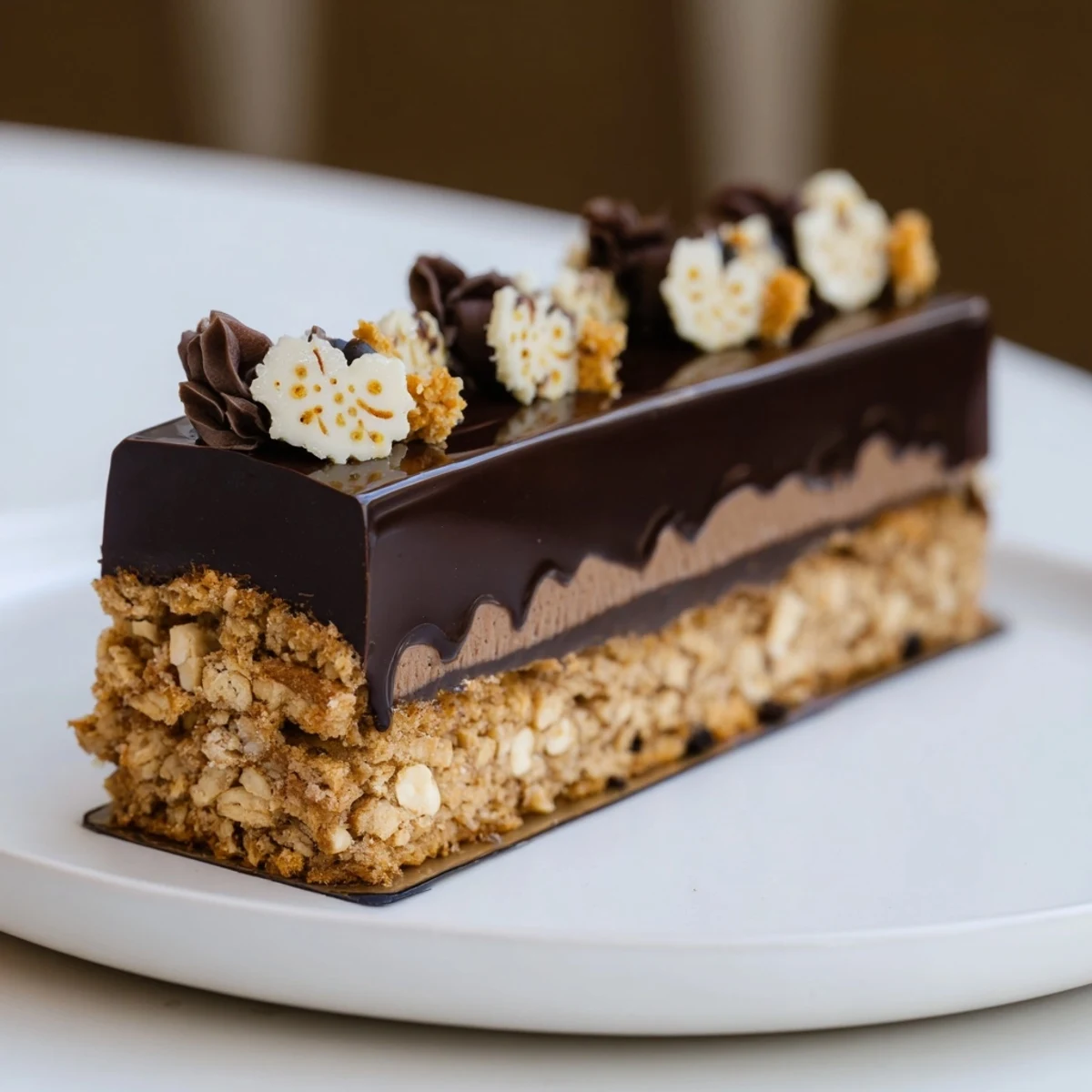 A close-up of the elegant Plaisirs Sucrés Hibou de la Nuit, a gorgeous French chocolate dessert.