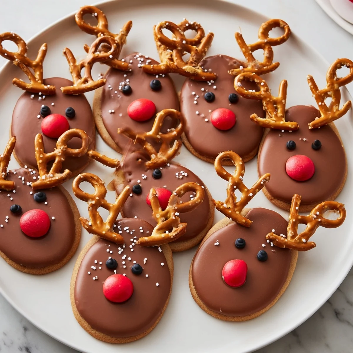 A platter of festive Santa's Reindeer Cookies, adorned with pretzels "antlers" and red noses.